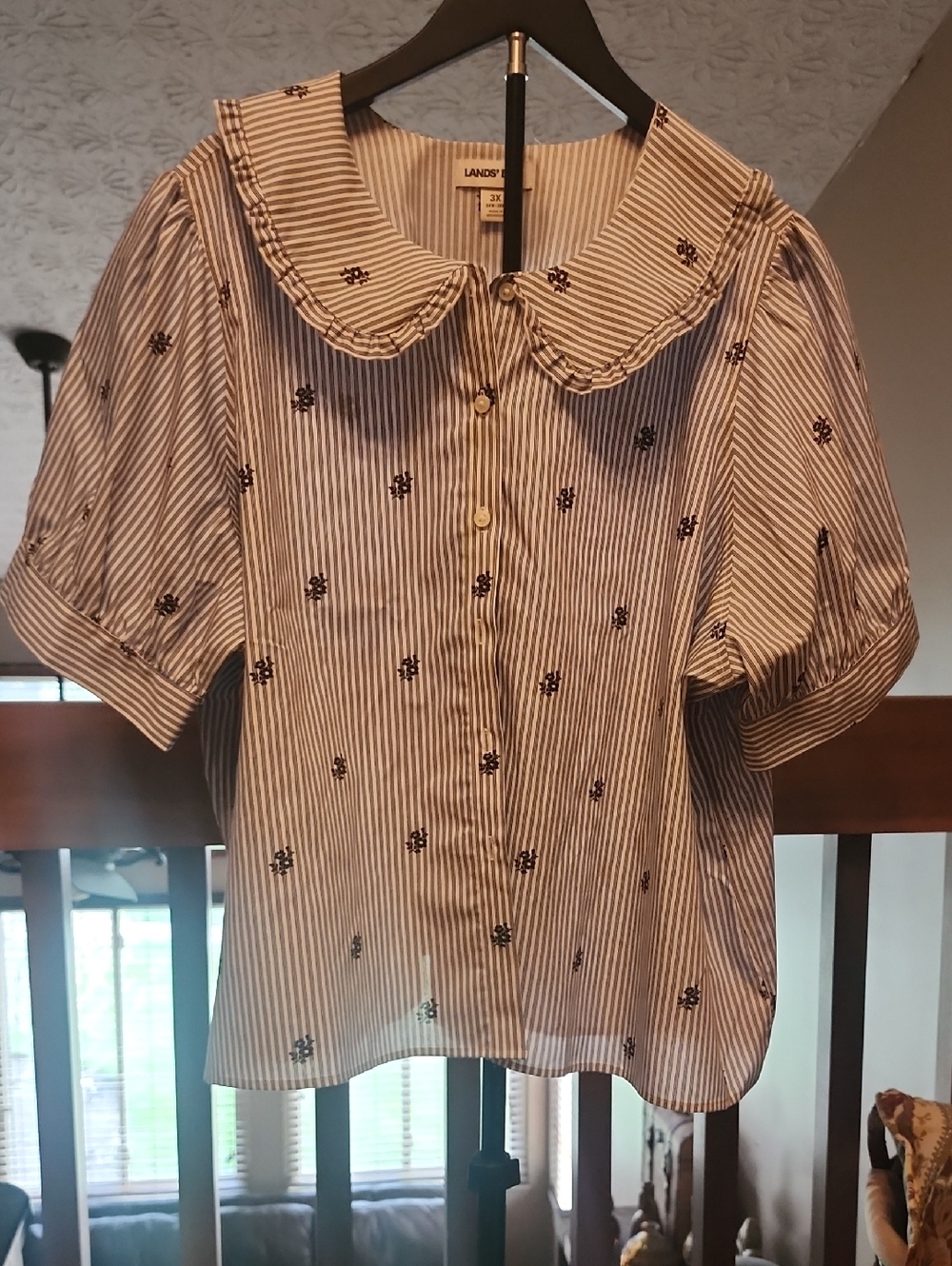 Lands' End Blue and White Striped Blouse with Peter Pan Collar